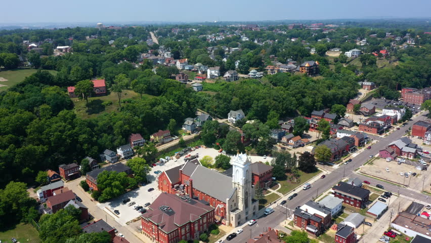 Aerial view around the Cathedral of St Raphael of Dubuque, sunny day in Iowa, USA