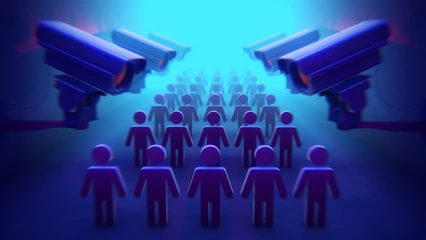 A crowd of icon style people being watched by an endless array of surveillance CCTV cameras.