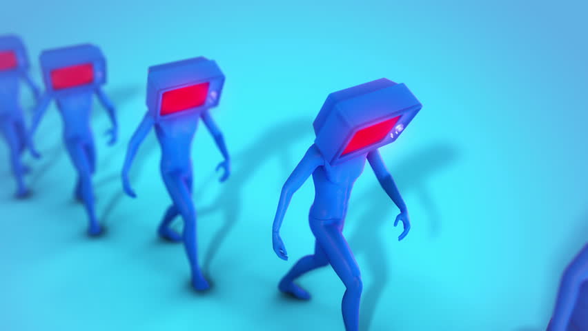 An endless array of stylised people with TV heads hypnotically walking.
