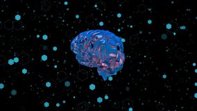 Animation of human brain and medical icons on black background. Global medicine, research and science concept digitally generated video.