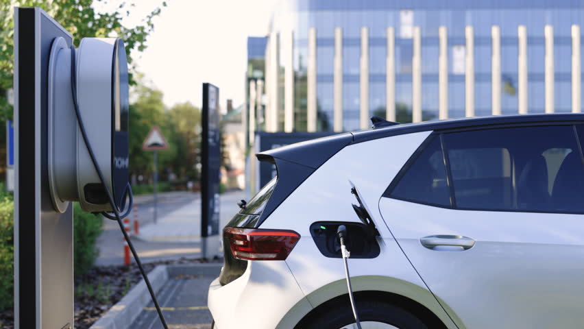 Electric vehicle parking at the charging station. Electric vehicle battery cell recharging. Zero emission vehicle on EV only charging station is parked. Royalty-Free Stock Footage #1108035399