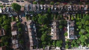 Aerial View Shot of London UK, United Kingdom, green summer, london neighbourhood, victorian houses, homes, suburbs, victorian homes, day sun, Thornhill Square Gardens, Islington, Camden Town