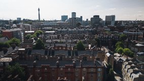Aerial View Shot of London UK, United Kingdom, green summer, BT Tower