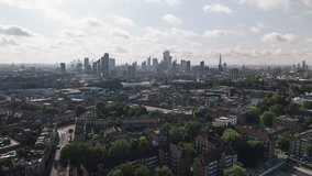 Aerial View Shot of London UK, United Kingdom, green summer, London skyline, Hackney, Dalston, Haggerston, Shard, City of London, Square Mile, circling right