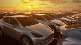 Electric Cars in the Parking Lot at Sunset. Fleet of Vehicles, New, Electric Car, Parking Lot, Car Plant

