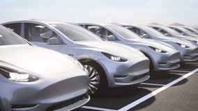 New Autonomous Electric Cars. Fleet of Vehicles, New, Electric Car, Parking Lot, Car Plant

