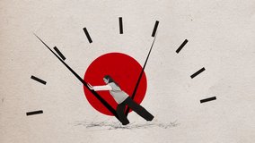 Stop motion, animation. One woman, office worker trying to stop clocks arrow. Turn back time. Concept of rushing, burning out, deadlines, lack of time, problems, overworking, heavy workload, ad - Powered by Shutterstock - Get 15% off with code: PIKWIZARD15