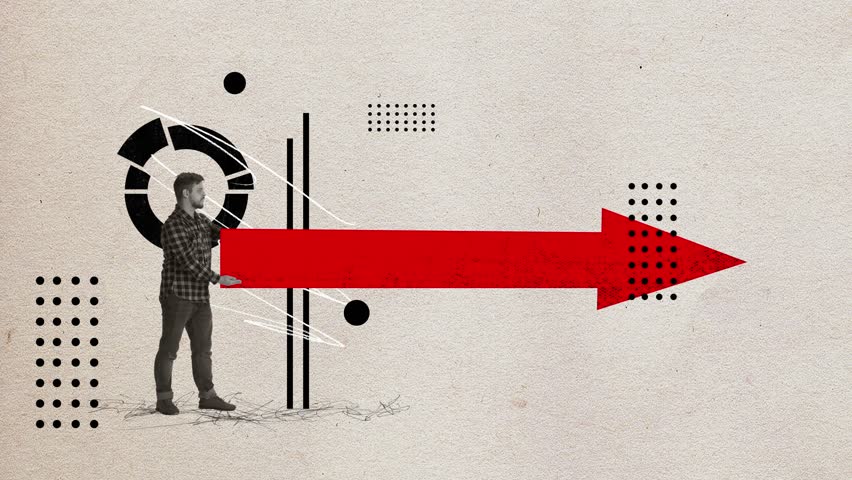 Stop motion, animation. Business man, office worker holding straight arrow symbolizing stability over light background. Concept of good strategy, business planning, career, success, ad