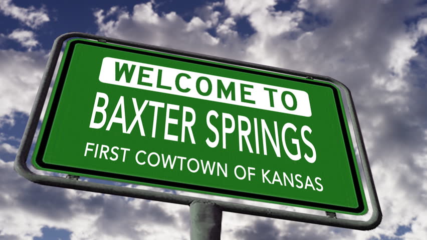 Welcome to Baxter Springs, First Cowtown of Kansas. USA City Road Sign Close Up, Realistic 3d Animation