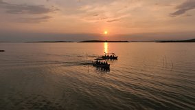 Fisherman Boat Sunset Time in the Golyazi Peninsula Drone Video, Golyazi Bursa, Turkey (Turkiye)