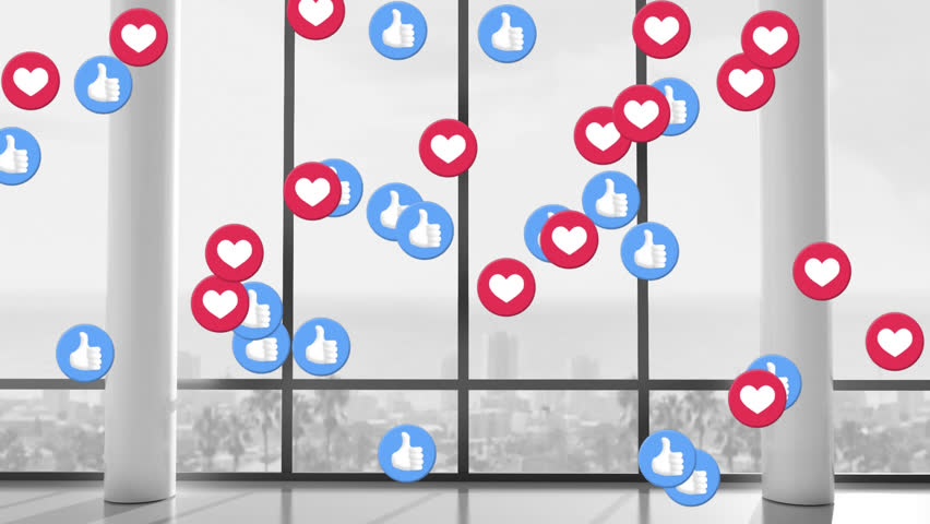 Animation of network of digital love and like icons over empty office. Global social media, business, finance, connections, computing and data processing concept digitally generated video. - Powered by Shutterstock - Get 15% off with code: PIKWIZARD15