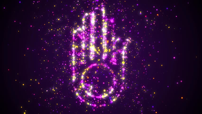 Abstract Religion Purple Colorful Shiny twinkle Jainism Symbol Hand With A Wheel On The Palm Dotted Lines Silhouette With Glitter Sparkle Particles, Seamless Loop