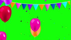 Birthday background video Colorful Candle and balloon with confetti paper crackers in green screen. alpha channel birthday background video for celebration video background happy birthday.