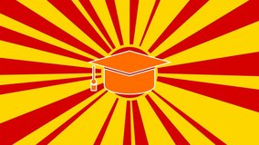 Square academic cap symbol on the background of animation from moving rays of the sun. Large orange symbol increases slightly. Seamless looped 4k animation on yellow background