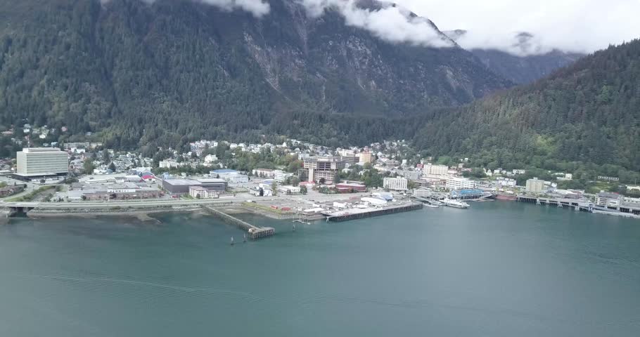 Juneau Alaska, Slow Orbit, Aerial of Docks, and Downtown.