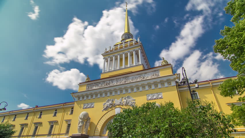 Admiralty Building Timelapse: A.M. Gorchakov Bust at Aleksandrovsky Garden with Blue Cloudy Sky on a Summer Day in the Enchanting City of Saint Petersburg, Russia