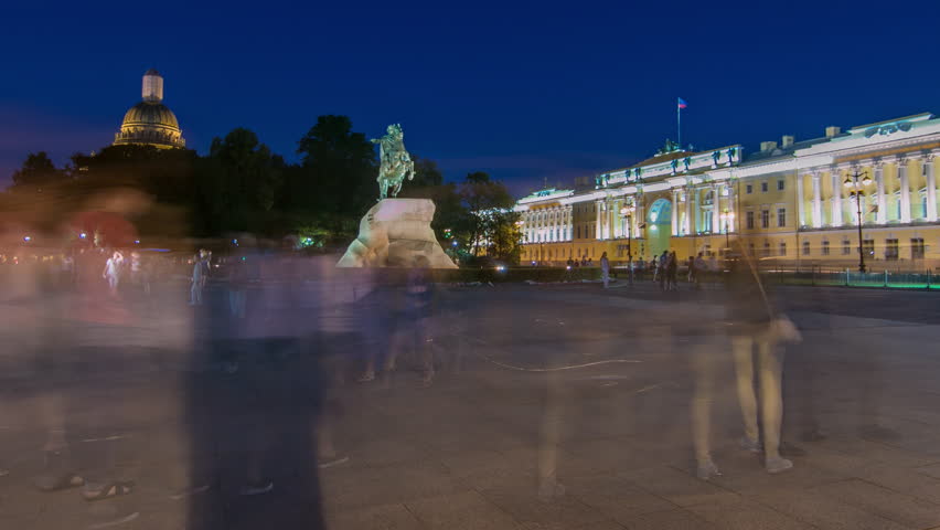 Night to Day Transition timelapse: Peter the Great Monument (Bronze Horseman) on Senate Square, St. Petersburg, Russia. Tourists Exploring during Summer White Nights Royalty-Free Stock Footage #1108056265