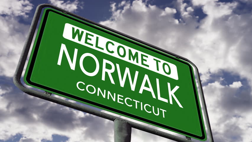 Welcome to Norwalk, Connecticut. USA City Road Sign Close Up Realistic Animation