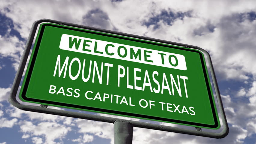Welcome to Mount Pleasant, Bass Capital of Texas, USA CIty Road Sign Close Up, Realistic 3d Animation Royalty-Free Stock Footage #1108057575