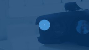 Animation of connected graphs and navigation icons over virtual reality simulator. Digital composite, direction, business, report, location, creative, futuristic and modern technology concept. - Powered by Shutterstock - Get 15% off with code: PIKWIZARD15