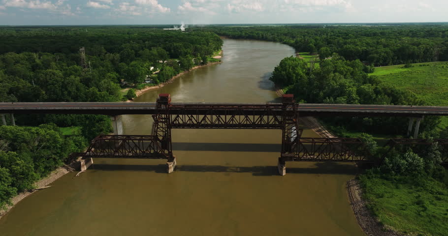 White River And Bridge Near Twin City Riverfront Park, Arkansas, USA - aerial shot