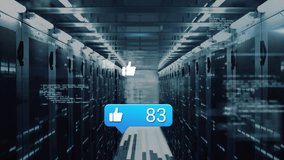 Animation of like icon with increasing numbers, data processing, mosaic squares against server room. Global networking and business data storage technology concept - Powered by Shutterstock - Get 15% off with code: PIKWIZARD15