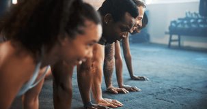 Gym people, push up and class doing exercise, arm muscle building or fitness club for bodybuilding. Community, body builder group and athlete strength training, challenge or strong team workout - Powered by Shutterstock - Get 15% off with code: PIKWIZARD15