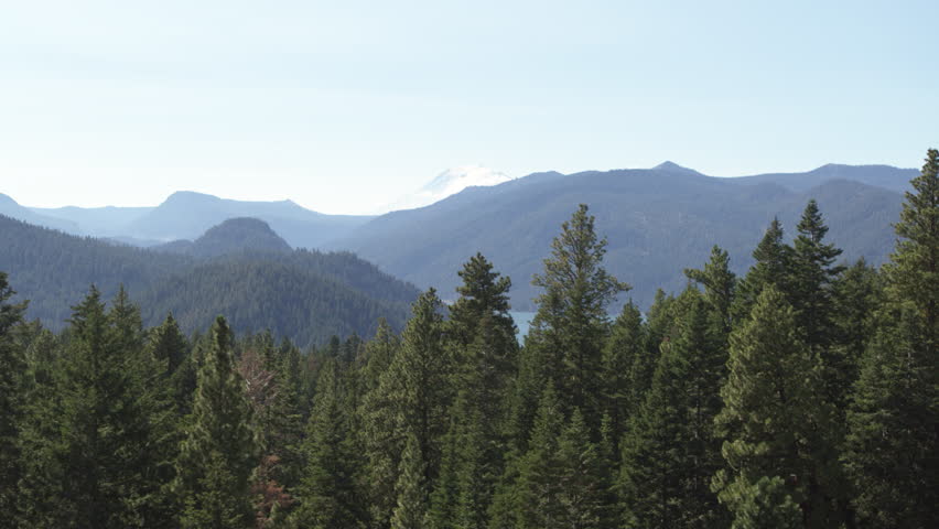 Aerial of Rimrock lake and far view of Mount Rainier in Washington in summer