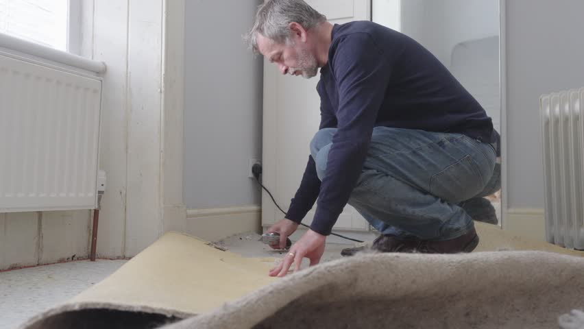 Carpenter cutting and removing old carpet from room ready for replacement Royalty-Free Stock Footage #1108065033