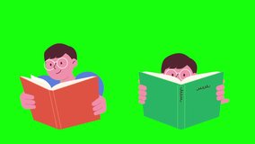 A boy is studying. A boy is reading a book, thinking about ideas, and getting various information from the book. 2D animation HD video clip on green screen.