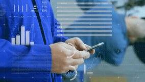 Animation of statistical data processing against mid section of worker using smartphone at a factory. Computer interface and business data technology concept - Powered by Shutterstock - Get 15% off with code: PIKWIZARD15
