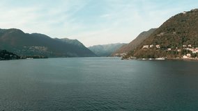 Aerial drone video of famous beautiful village of Como in lake Como in Europe, Lombardy, Italy.