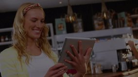 Animation of statistical, stock market data processing over caucasian woman using tablet at office. Global economy and business data technology concept - Powered by Shutterstock - Get 15% off with code: PIKWIZARD15