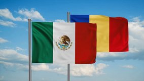 Romania and Mexico flag waving together in the wind on blue sky, cycle looped video, two country cooperation concept