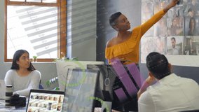 Animation of statistical data processing over african american woman giving a presentation at office. Computer interface and business data technology concept - Powered by Shutterstock - Get 15% off with code: PIKWIZARD15