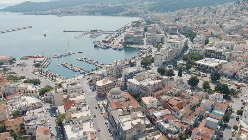 Kavala, Greece. Embankment and port. Historic city center. Aegean Sea. Summer, Aerial View