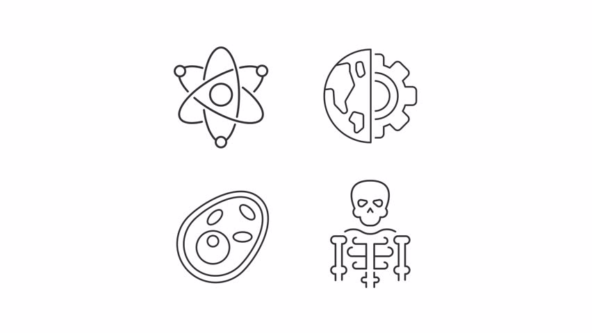 Natural science animation set. College degree animated line icons. Human evolution. School subject. Black illustrations on white background. HD video with alpha channel. Motion graphic