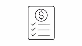 Financial plan animated icon. Paper with rotating dollar sign line animation. Check list. Investment strategy. Black illustration on white background. HD video with alpha channel. Motion graphic
