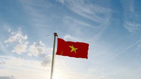 Flag of Vietnam waving in the wind, sky and sun background. Vietnam Flag Video. Realistic Animation, 4K UHD. 