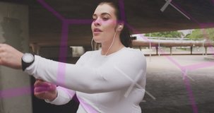 Animation of data processing over plus size caucasian woman exercising in city. Sports, active lifestyle, urban living and happiness concept digitally generated video.