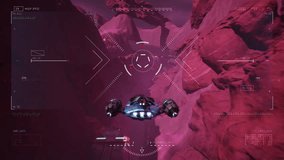 Using the futuristic sci-fi spaceship vehicle to explore the alien planet map. Controlling the sci-fi spaceship through the obstacles on a planet. Flying the sci-fi spaceship inspecting the planet.