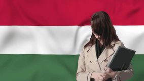 Stylish girl holds a laptop in her hands with waving flag of Hungary in background. 3d animation in 4k resolution video.
