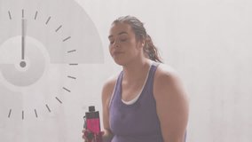 Animation of clock and data processing over plus size caucasian woman exercising in city street. Sports, active lifestyle, urban living and happiness concept digitally generated video.
