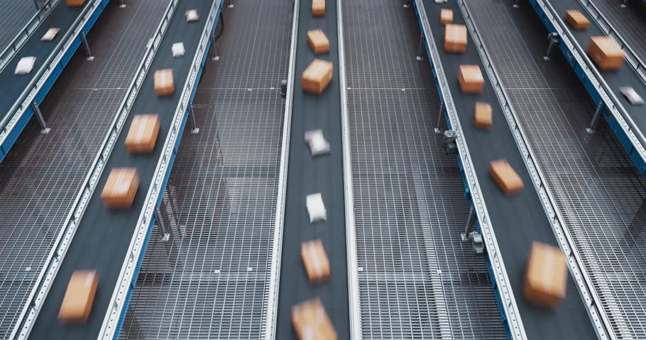 Top Down View of a Modern Automated Logistics Warehouse with Multiple Conveyor Belt Systems with Online Shopping Orders. Timelapse Footage of Parcels Transported on Conveyor Line Royalty-Free Stock Footage #1108084687
