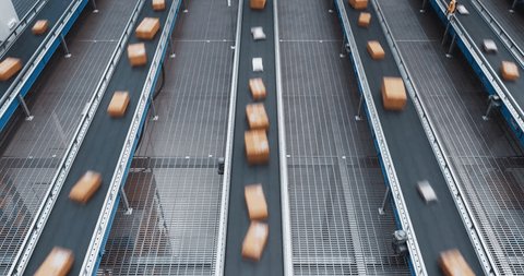 Top Down View of a Modern Automated Logistics Warehouse with Multiple Conveyor Belt Systems with Online Shopping Orders. Timelapse Footage of Parcels Transported on Conveyor Line Stockvideó