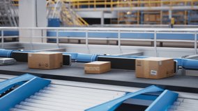 Locked Follow Footage with Online Order Parcels, Cardboard Boxes and Packages Transported on a Conveyor Belt System at a Modern Logistics Center with Automated Sorting Technology - Powered by Shutterstock - Get 15% off with code: PIKWIZARD15