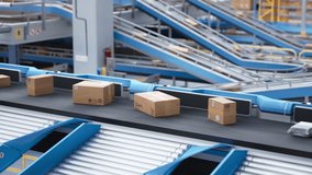 Parcels, Cardboard Boxes and Packages Moving on a Conveyor Belt at a Modern Logistics Center with Automated Sorting Technology. 3D Animation in Establishing Shot with Parallel Moving Camera Footage - Powered by Shutterstock - Get 15% off with code: PIKWIZARD15