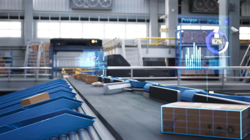 Augmented Reality Visualization of Parcels, Cardboard Boxes and Packages on a Conveyor Belt in a Modern Mail Delivery Warehouse. Online Shopping Orders Monitored by Artificial Intelligence Software