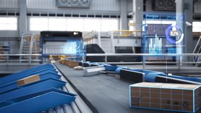 Augmented Reality Visualization of Parcels, Cardboard Boxes and Packages on a Conveyor Belt in a Modern Mail Delivery Warehouse. Online Shopping Orders Monitored by Artificial Intelligence Software - Powered by Shutterstock - Get 15% off with code: PIKWIZARD15