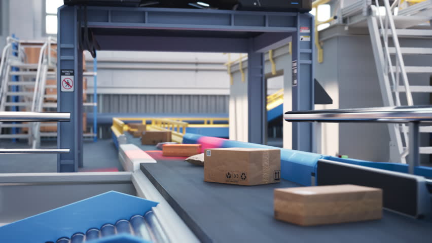 Follow Footage of Parcels, Cardboard Boxes and Packages Lying on a Conveyor Belt at a Modern Logistics Center with Automated Sorting Technology. VFX 3D Animation in a Mail Delivery Warehouse Hub